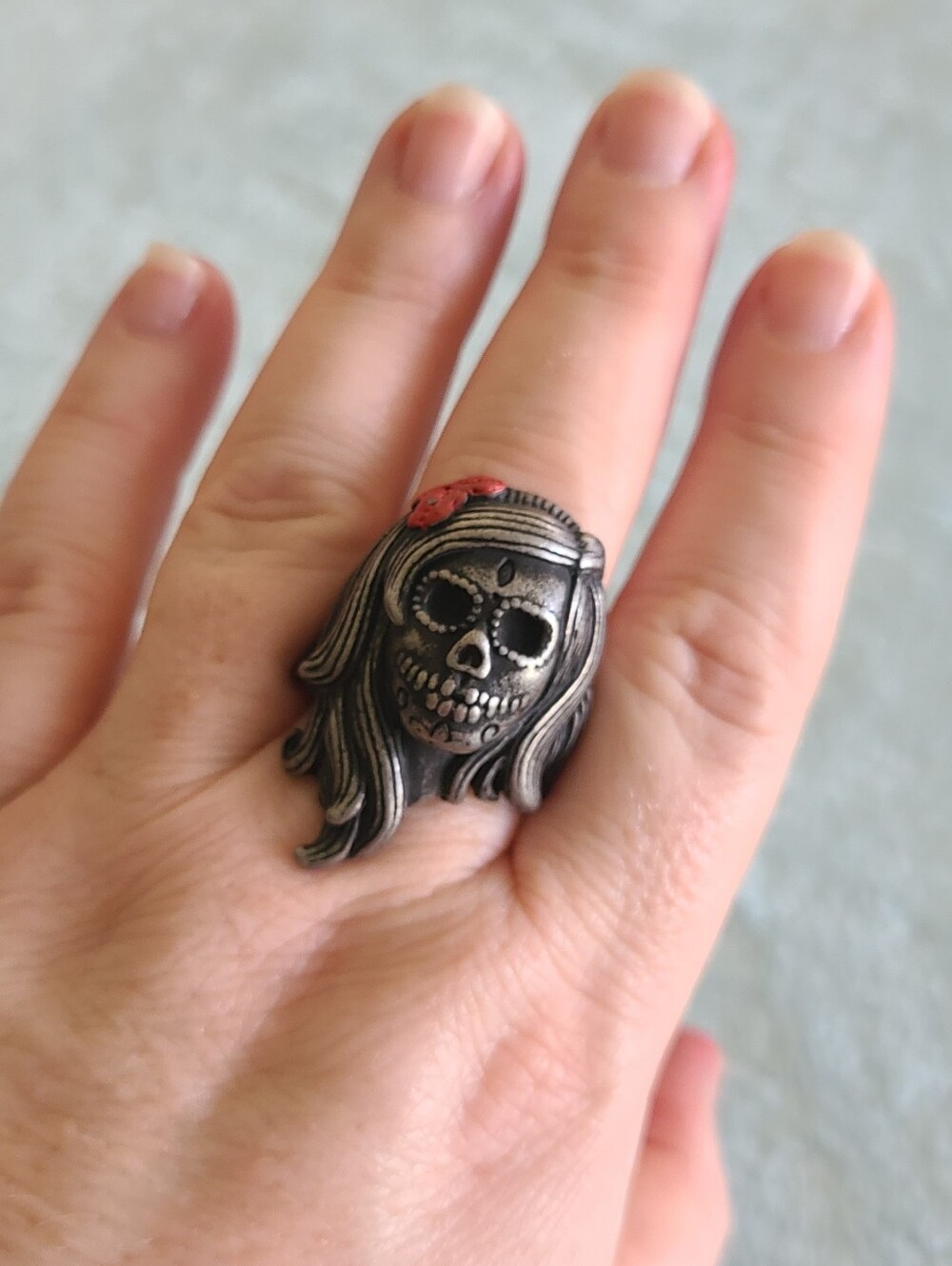 Silver Skull Girl Ring with Red Flower Accent